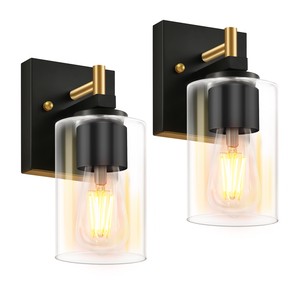 Rustic Modern 1-Light Wall Sconce Oak Wood Matte Black Design With Glass Tube Shades Iron Structure E26 Bulb Holders