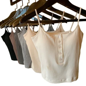 Women's Camisole with Chest Pads Buttons Ribbed Cotton Suitable for Inner Wear Outer Wear and As a Base Layer Vest