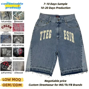 Oem Custom Sun Faded 100% Cotton Unisex Streetwear Embroidered Applique Patch Washed Zipper up Baggy Raw Hem Men's Denim Shorts