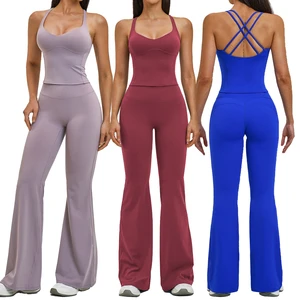 European American Women's Brushed Yoga Set Crisscross Back Tank Top High Waist Flare Leggings 2 Piece Pilates Outfit Yoga Set