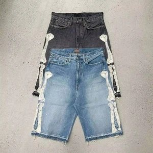 Distressed Denim Jeans Shorts Vintage Streetwear Jeans Shorts Custom Logo Embroidery Patch Applique Washed Casual Jorts for Men