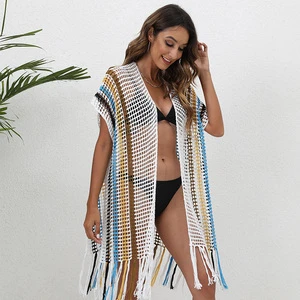 Loose Woven Beach Cover up for Women Tassel Hollow out Swimwear Smock Dress Sexy Mesh Bathing Suit Coverup Summer Resort Wear