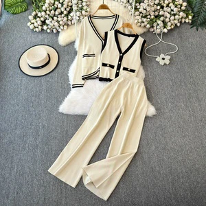 Winter Striped Top High Waist Lounge Wear Coordinated Outfit Casual Comfort Women 3-piece Knit Set