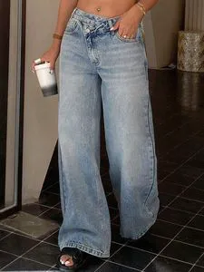 Women's High Street Regular Denim Jeans Women Vintage Washed Baggy Solid Straight High Waisted Wide Leg Waterproof Washable