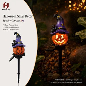 Halloween Solar Garden Stake Lights Outdoor Jack-o-Lantern With Witch Hat & Black Cat Waterproof Resin Pathway Yard Decor