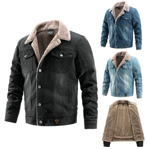 Men's Denim Jacket for Autumn and Winter with Added Fleece Thickened Collar Water Washed Cotton Fashionable Men's Jacket