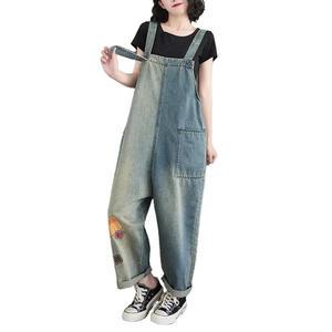 Casual Patchwork Denim Overalls for Women Spring Artistic Retro Suspender Jumpsuit Straight Leg Pants for Female