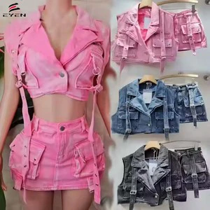 Conyson Pink Big Pockets Denim Suit Spring Summer Sleeveless Short Vest High Waist Hip Wrapped Skirt 2 Pieces Women Sets