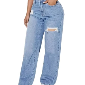 Women's High Waist Light Wash Denim Jeans Casual Summer Straight Leg Pants with Solid Pattern Breathable Loose Fit for Autumn