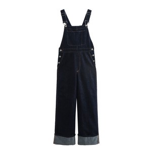 Denim Blue Color Full Length Side Buttons Casual Fashion Women's Jeans Overalls