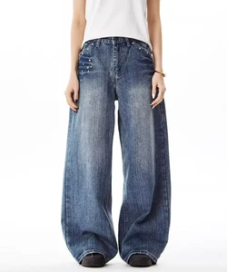 Plus Size High Waist Autumn Breathable Button Men's Casual Oversized Cotton Washed Wide Leg Denim Jeans Trousers