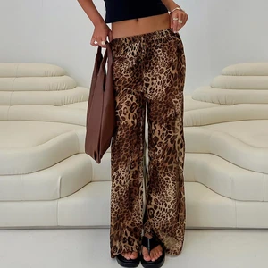 Women's Leopard Print Wide Leg Pants Elastic Waist Casual Trousers Lightweight Summer Streetwear Bottoms