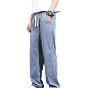 Wholesale Summer New Thin Denim Medium Washed Solid Color Mid Waist Casual Plus Size Comfortable Street Pants for Men
