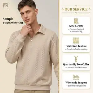 Men Polo Collar Quarter Zip Cable Knit Textured Pullover Sweater Long Sleeve Casual Knitwear Wholesale