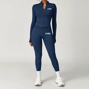 Custom Logo High Waist Workout Yoga Sets For Women Solid Color Long Sleeve Gym Clothes Zipper Top Leggings Fitness Sportswear