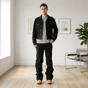 Retro Midweight Black Loose Stacked Raw Pink-edge Streetwear Solid Autumn/Summer Washable Straight-leg Original Jeans For Men