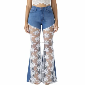 Women Summer Casual High Waist Loose Fit Y2K Streetwear Breathable Colored Lace Patchwork Flare Jeans Panel Bell Bottom Denim