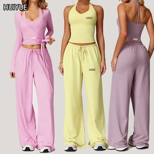 Drawstring Wide-Leg Yoga Pants Set Quick-Drying Suspender Sport Suit Women Casual Running Activewear Gym Workout Fitness Clothes