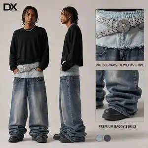 Custom Manufacturer Double-waist Jewel Denim Jeans Light-wash Baggy Wide-leg Stacked Y2K Streetwear Mens Premium Archive OEM ODM