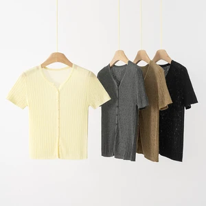 Women's Short Casual Thin Knit T-Shirt 58% Acrylic 26% Lyocell 16% Linen Blend Breathable Cool Summer Top OEM