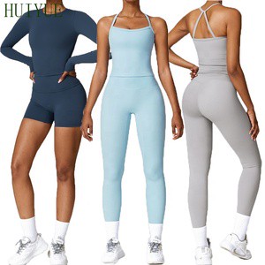 Hot Selling Women's Skintight Beauty Back Yoga 4 Pieces Set Butt Lift Shorts Tank Top Long Sleeveless T-Shirt Sports Yoga Set