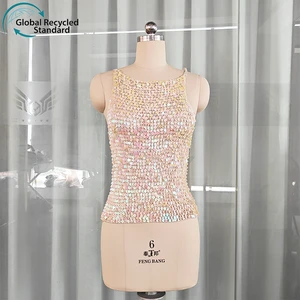 Women's Sexy Short Top Summer Plus-Size Crochet Vest with Round-Neck Sequin Breathable Woven Fabric for Party Clothing