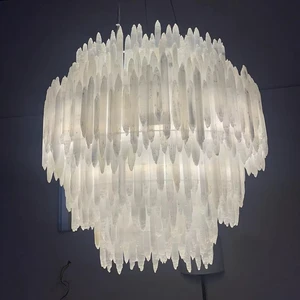 Selenite Round Chandelier Natural Stone Lighting 32 Inch Modern Luxury Pendant Hanging Lamp For Living Room Dining Hotel Lobby
