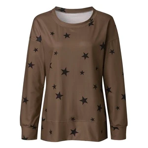 Casual Women's Plus Size Long Sleeve Star Bows Print Embroidered Polyester Jersey Crop T-Shirt Summer Loose Crew Neck Regular