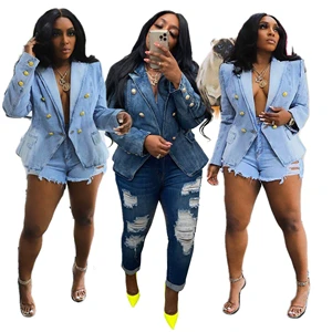 2023 Womens Fall Denim Jacket Fashion Double Breasted Blue Jean Jacket Women Denim Jacket Suit for Women
