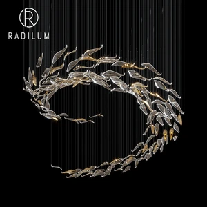 Luxury Glass Chandelier Nordic Artistic Style for Staircase Foyer Designer Metal Glass LED Light Project Custom Wave Leaf Lamp