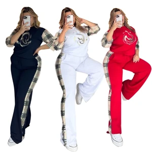 Luxury Women's Casual Plaid Suit Panelled One Set 100% Cotton Breathable Plus Size Short-Sleeved Printed Two-Piece Set