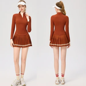 Stand Collar Long-Sleeve Shirt & Pleated Skirt 2-in-1 Set Golf, Tennis and Padel Outfit with Pockets, Stylish Luxury Yoga Set