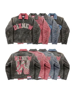DiZNEW Custom Vintage Denim Jeans Jacket Varsity Jacket Men Zip Up Letter Patch Embroidery Distressed Wash Streetwear Factory