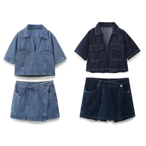 Set Women's 2-piece new fashion casual denim short-sleeved shirt blouse+denim double-breasted skirt suit
