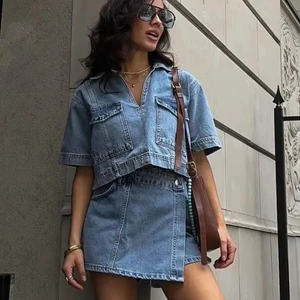 Fashion Women Denim Suit Short Sleeve Crop Tops and Jeans Shorts 2 Piece Denim Set