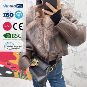 Women Leather Coat Short Motorcycle Jacket With Fur-lined Collar Fur Warm Leather Jacket