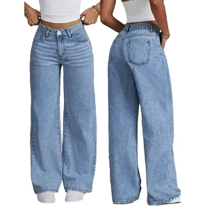 Women's Casual Loose High Waist Wide Leg Breathable Denim Pants Floor-Length Summer Autumn Spring Mom Jeans Women