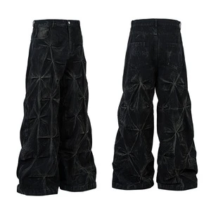 Distressed Washed Pleated Pleat Denim Trousers Pants Men's Super Baggy Jeans American Retro Design with Pleated Drape Jeans