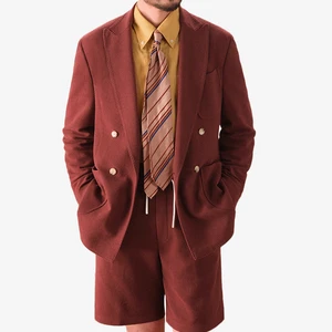 High Quality 2 Pieces Cotton Casual Solid Color Suit for Men Slim Fit Soft Men Suit Jacket with Short Pant