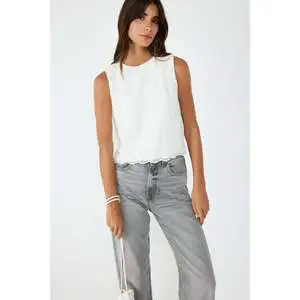 Casual Lace Embroidered Sleeveless Blouse Crew Neck Floral Patchwork Front Logo Mesh Viscose Regular Fit Fashionable Loose Party