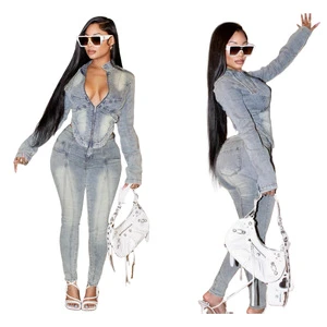 Elastic Casual Denim Suit Women's Pants Women Sets