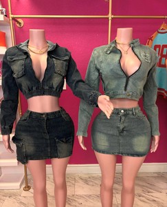 Trendy Women's Casual Y2K Denim Jacket and Mini Skirt Sets Skinny Fit with Stretch Zipper Crop Jacket Outfits