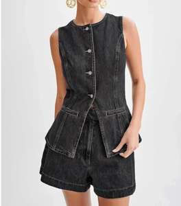 2026 Hot Sale Summer Denim Two Piece Outfit, Ladies Sleeveless Vest Wide Leg Shorts Y2K Office Lady Suit