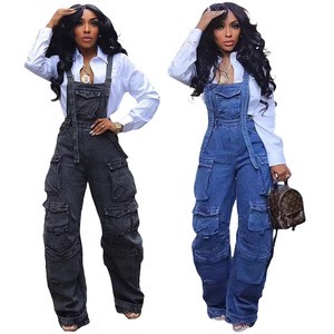 New Fashion Street Style Strapless Waist Shows the Figure Multi Pocket Suspender Jumpsuit Denim Pants Pants for Women