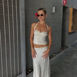 Summer Breathable Knitted White Strap Women Lady All Over Polka Print High Quality Crop Top Sleeveless Elegant Corset Vest Set