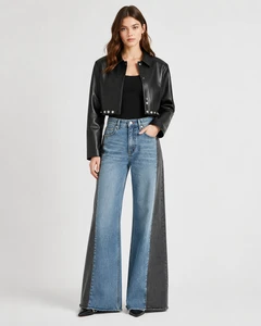 MENGTU Custom Retro Color Collision Breathable Knitted Solid Light Wash Casual Denim High Waist Women's Wide Leg Jeans