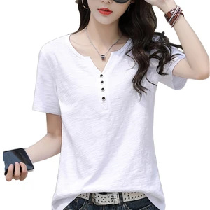 Women's Casual Cotton T-Shirts Plus Size V-Neck Short Sleeve Top Tee Shirt with Button Decoration Digital Printing