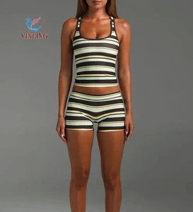 Newest Women Premium Custom Striped Racer Back Tank Biker Shorts Casual Athletic Yoga SetTraining Outfit Yoga Set