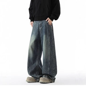 High-street Wide-leg Denim Jeans Men Autumn/winter StyleAmerican-inspired Loose-fitting Mid Waist Cotton Trousers Sleek