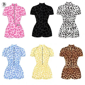 Women Cheetah Leopard Print Manufacturers Custom Logo Short Yoga Active Wear Zipper Romper Bodysuits Workout Jumpsuit Clothing